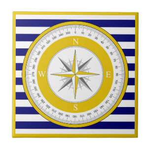 Yellow Compass Rose Blue and White Stripe Ceramic Tile