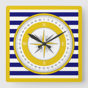 Yellow Compass Rose Blue and White Stripe Square Wall Clock