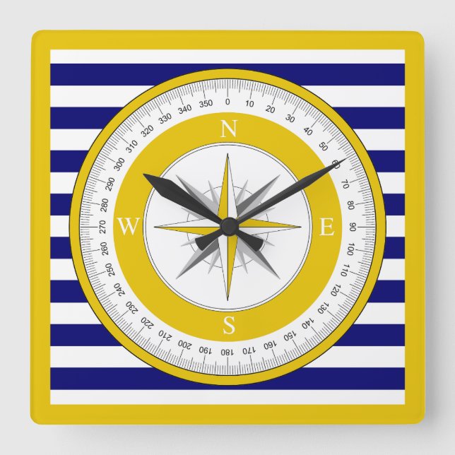 Yellow Compass Rose Blue and White Stripe Square Wall Clock (Front)