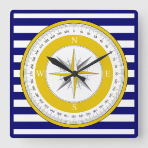Yellow Compass Rose Blue and White Stripe Square Wall Clock