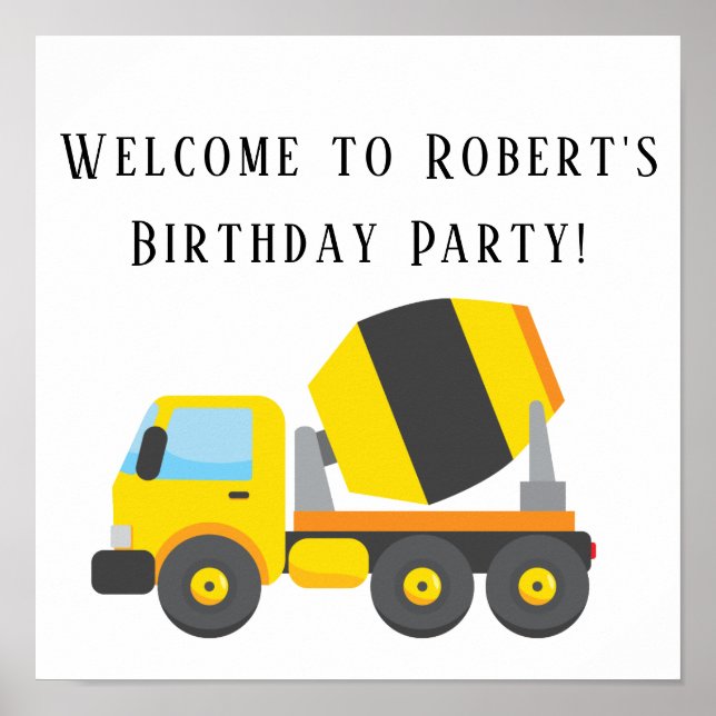 Yellow Concrete Mixer Birthday Party Square Poster (Front)