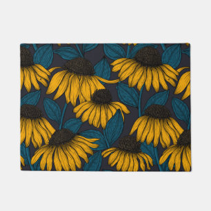 Yellow coneflowers on dark blue doormat