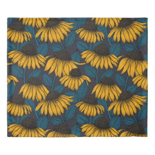Yellow coneflowers on dark blue duvet cover