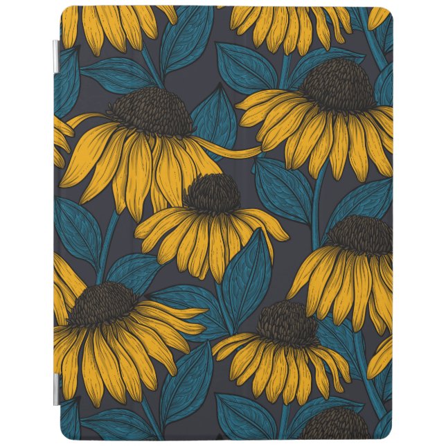 Yellow coneflowers on dark blue iPad smart cover (Front)