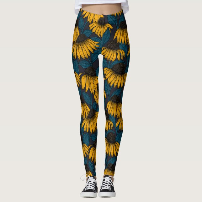 Yellow coneflowers on dark blue leggings (Front)