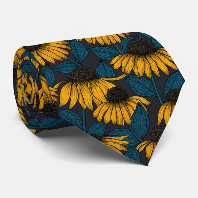 Yellow coneflowers on dark blue neck tie (Rolled)