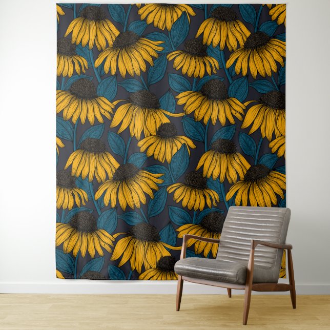 Yellow coneflowers on dark blue tapestry (In Situ)