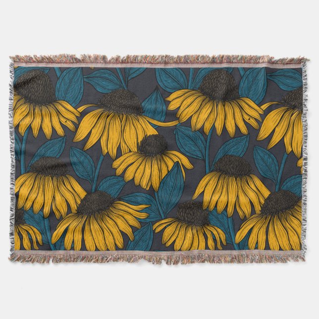 Yellow coneflowers on dark blue throw blanket (Front)
