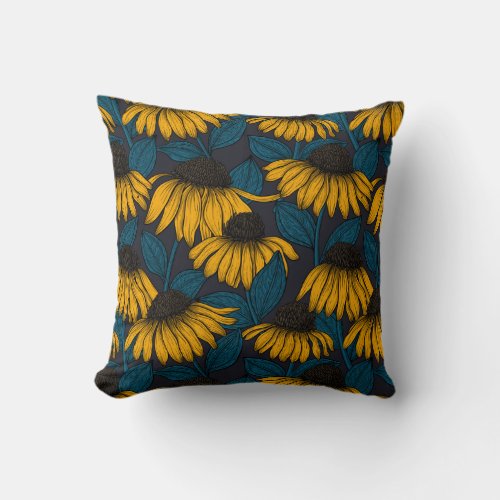 Yellow coneflowers on dark blue throw pillow