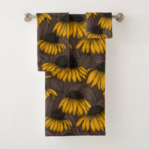Yellow coneflowers on dark brown bath towel set