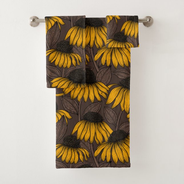 Yellow coneflowers on dark brown bath towel set (Insitu)