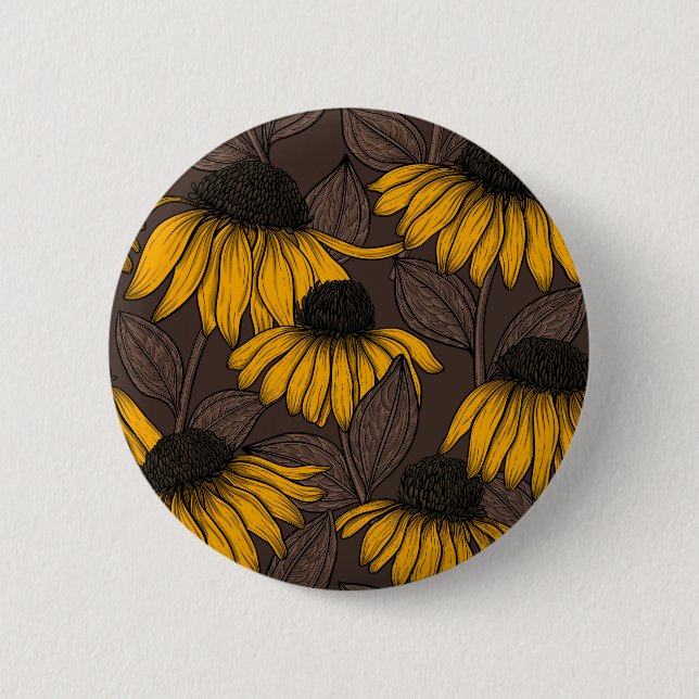 Yellow coneflowers on dark brown button (Front)