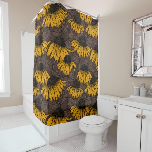 Yellow coneflowers on dark brown shower curtain