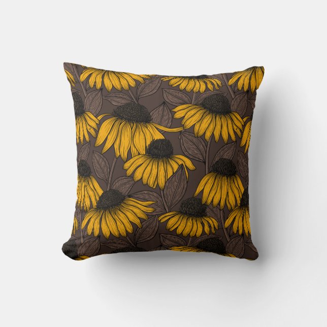 Yellow coneflowers on dark brown throw pillow (Front)
