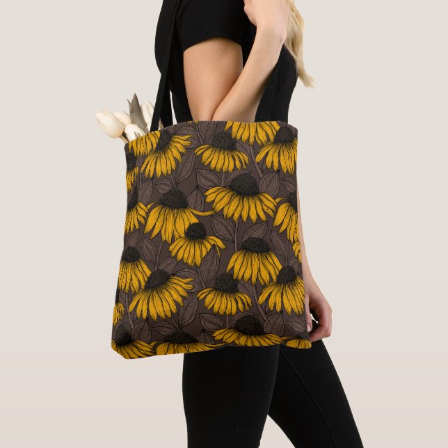 Yellow coneflowers on dark brown tote bag (Close Up)