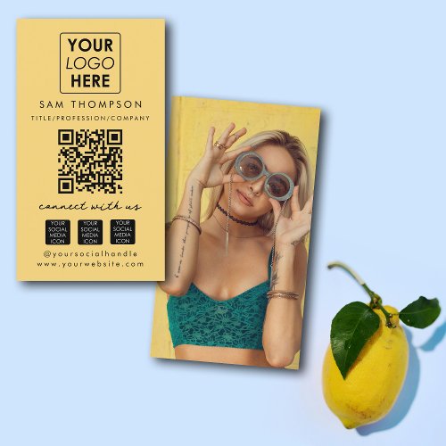 Yellow Connect with Us Social Media QR Code Photo Business Card