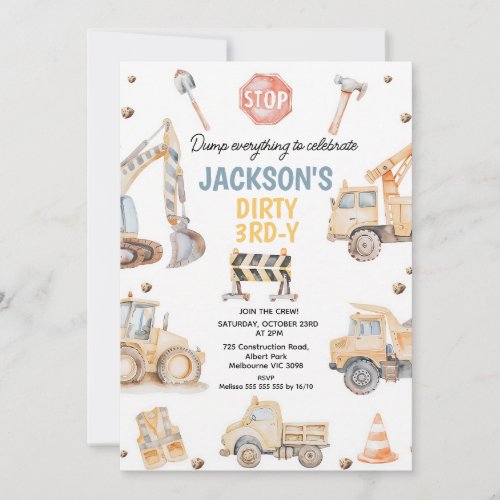 Yellow Construction 3rd Birthday Boy Invitation