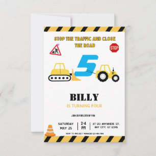 Yellow Construction 5TH Birthday Invitation