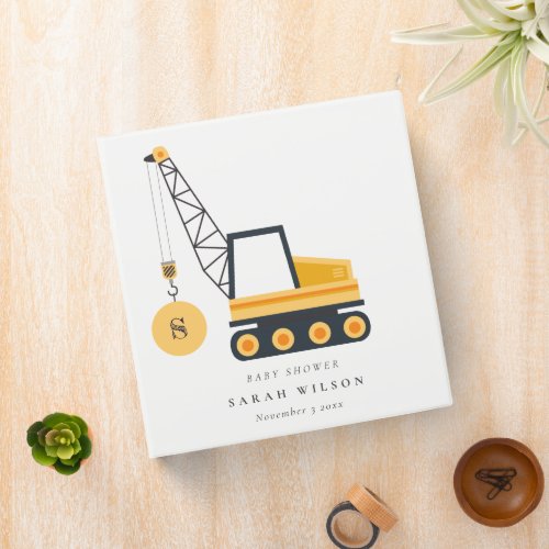 Yellow Construction Crane Vehicle Baby Shower 3 Ring Binder