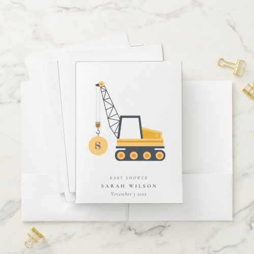 Yellow Construction Crane Vehicle Baby Shower Pocket Folder