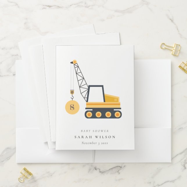 Yellow Construction Crane Vehicle Baby Shower Pocket Folder (In Situ)