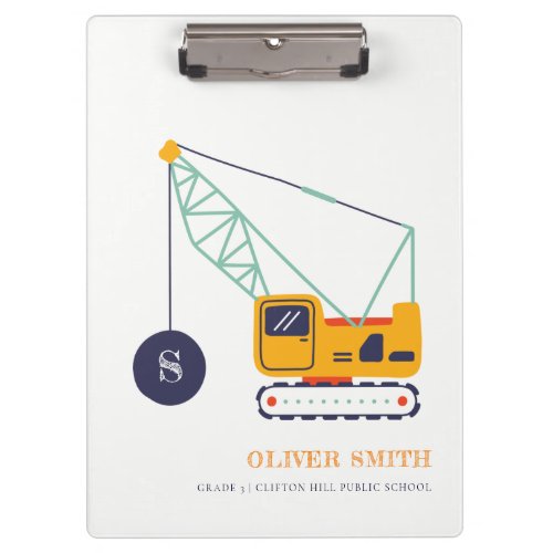 Yellow Construction Crane Vehicle Monogram Boys Clipboard