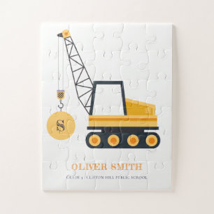 Yellow Construction Crane Vehicle Monogram Boys Jigsaw Puzzle