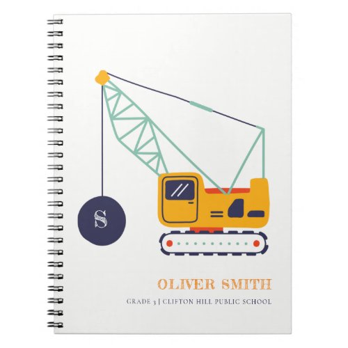 Yellow Construction Crane Vehicle Monogram Boys Notebook