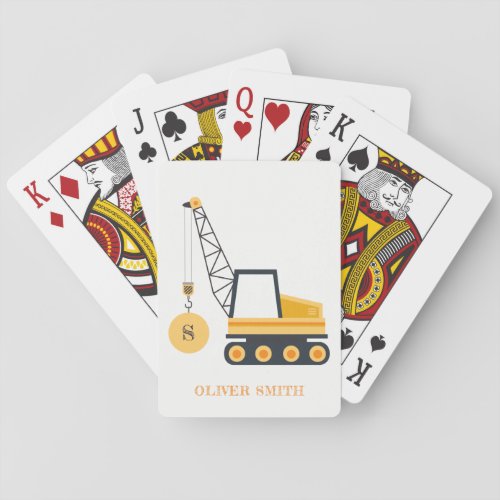 Yellow Construction Crane Vehicle Monogram Boys Playing Cards