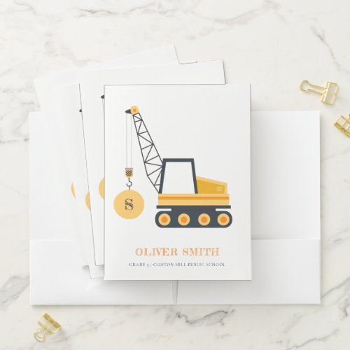 Yellow Construction Crane Vehicle Monogram Boys Pocket Folder