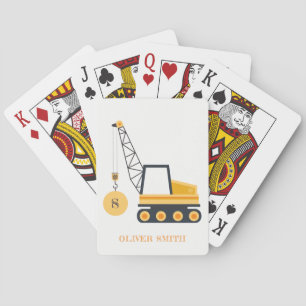 Yellow Construction Crane Vehicle Monogram Boys Poker Cards