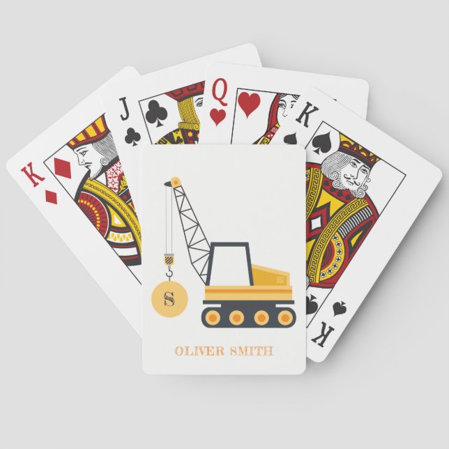 Yellow Construction Crane Vehicle Monogram Boys Poker Cards (Back)