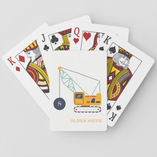 Yellow Construction Crane Vehicle Monogram Boys Poker Cards