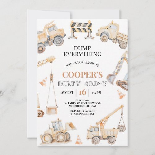 Yellow Construction Dirty 3rd Birthday Boy Invitation