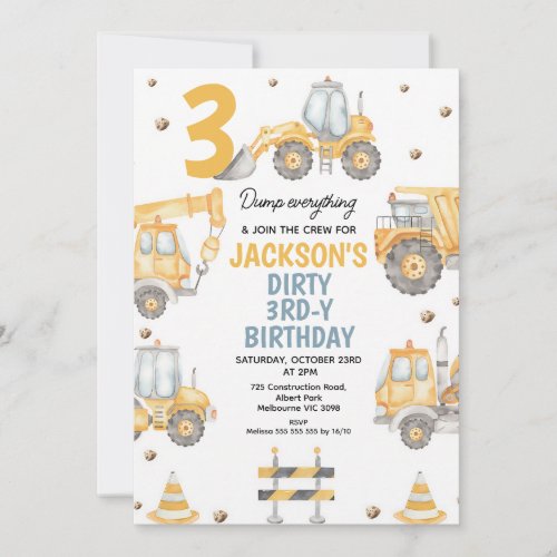 Yellow Construction Dump Truck 3rd Birthday Invitation