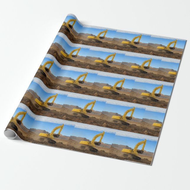 Yellow Construction Excavator Wrapping Paper (Unrolled)