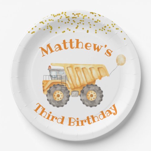 Yellow Construction Truck Birthday Paper Plate