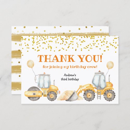 Yellow Construction Truck Birthday Thank You Card