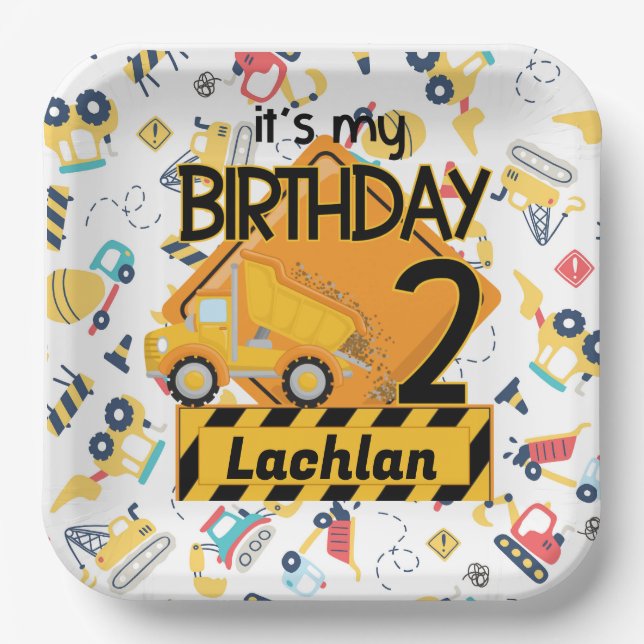 yellow construction truck car 2nd birthday paper plates (Front)