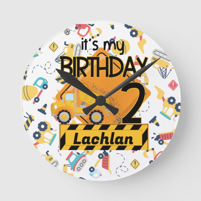 yellow construction truck car 2nd birthday round clock (Front)