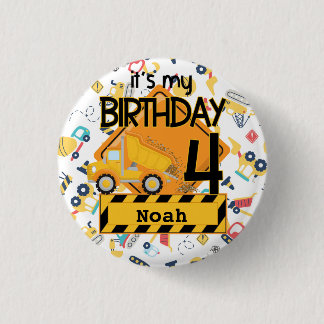 yellow construction truck car 4th birthday button