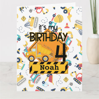 yellow construction truck car 4th birthday card
