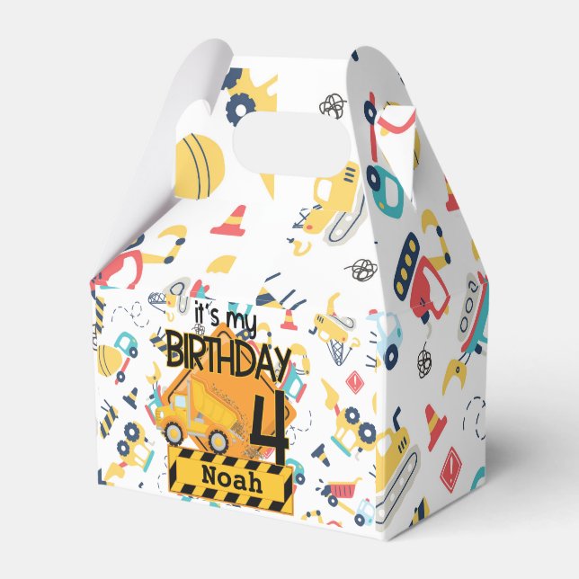yellow construction truck car 4th birthday favor boxes (Front Side)