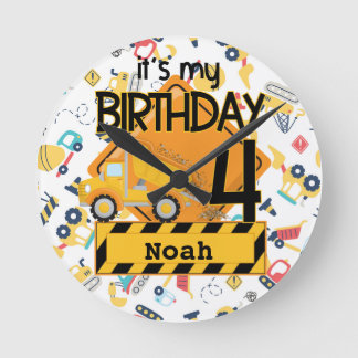 yellow construction truck car 4th birthday round clock