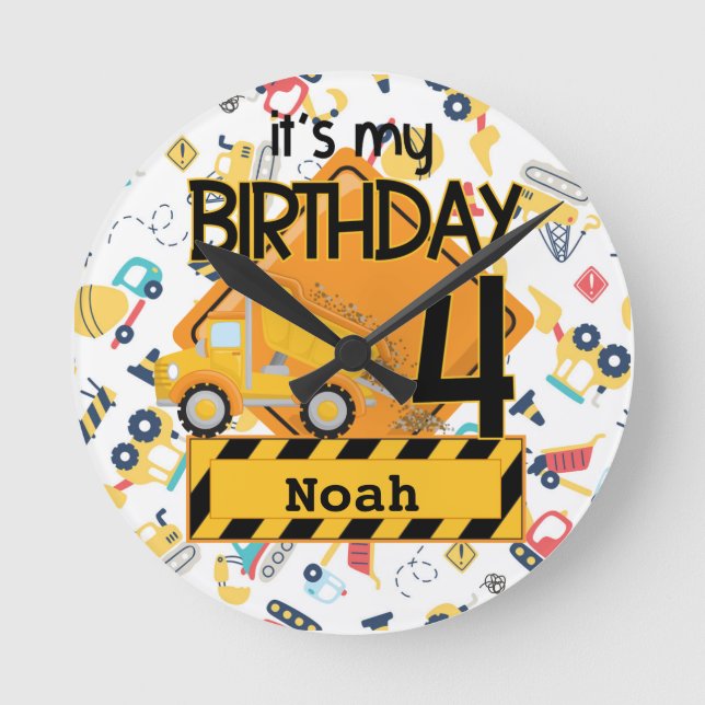 yellow construction truck car 4th birthday round clock (Front)