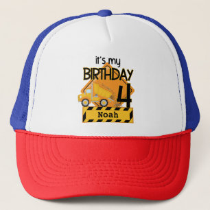yellow construction truck car 4th birthday trucker hat