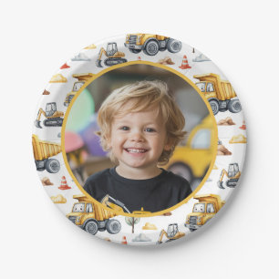 Yellow Construction Trucks Birthday Photo Kids Paper Plates