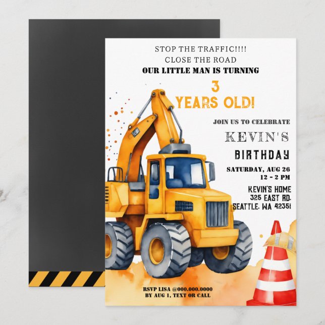 Yellow Construction Trucks Boy Birthday Party Invitation (Front/Back)