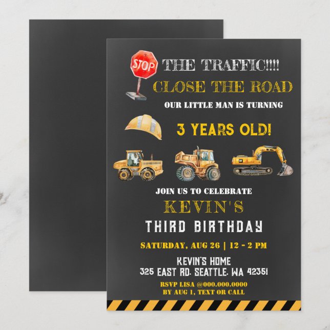 Yellow Construction Trucks Boy Birthday Party Invitation (Front/Back)