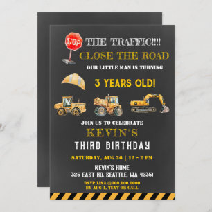 Yellow Construction Trucks Boy Birthday Party Invitation